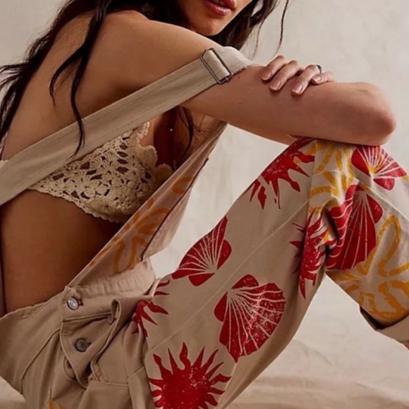 Free People Tan Overalls with Red and Yellow Floral Design - Picture 2 of 7